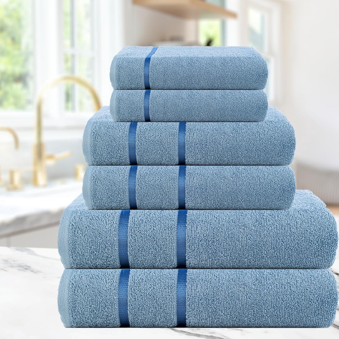 CASA COPENHAGEN Eternal 6 Pieces Towel Set- Dusty Blue, 500 GSM 2 Bath Towel 2 Hand Towel 2 Washcloth, Designed in Denmark Made of Soft Egyptian Cotton for Bathroom, Kitchen & Shower