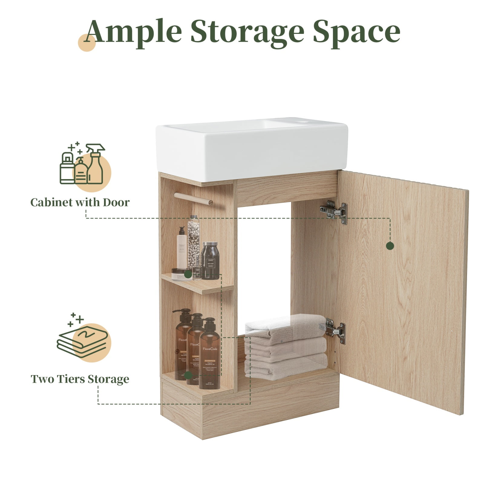 Deiokin 18.6 Inch Bathroom Vanity with Sink, Small Vanity Cabinet with 2-Tier Shelf & Toilet Paper Holder, Left or Right Orientation