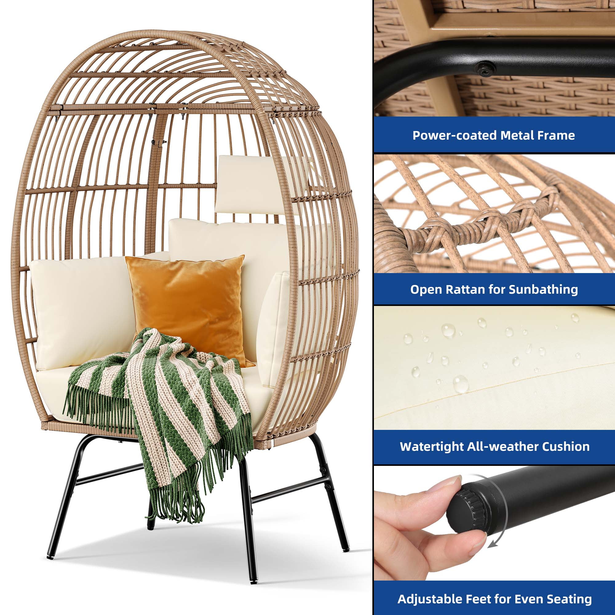 Dextrus Outdoor Egg Chair with Ottoman,Patio Wicker Basket Chair with Stand and Beige Cushion Cocoon Chair