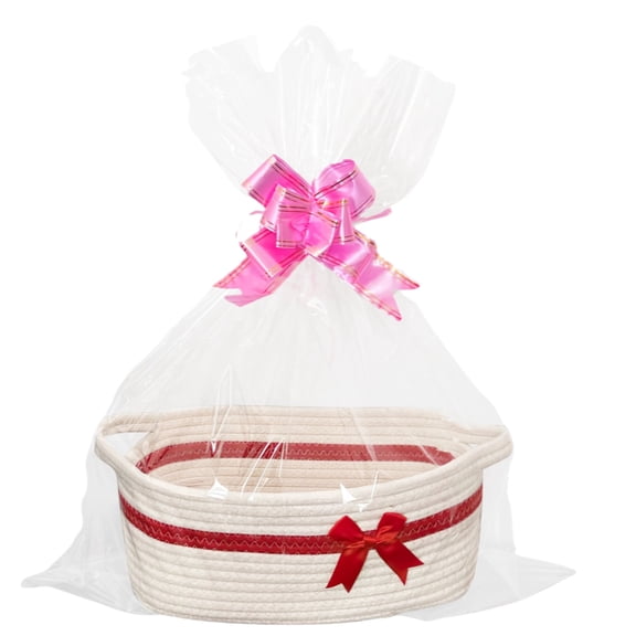 Woven Cotton Rope Storage Basket with Handles, Foldable Decorative Organizer Bin for Blankets Closet, Collapsible Container with Ribbon for Home Living Room
