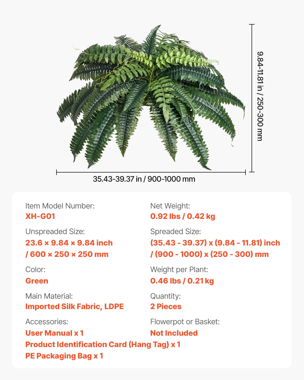 VEVOR Artificial Ferns 2 Pcs, Natural Spread Diameter 35-39 Inch, Large Hanging Artificial Boston Ferns, Fake Plant Wall Decor with 35 Branches, Faux Fern for Home and Office (Flowerpot Unincluded)