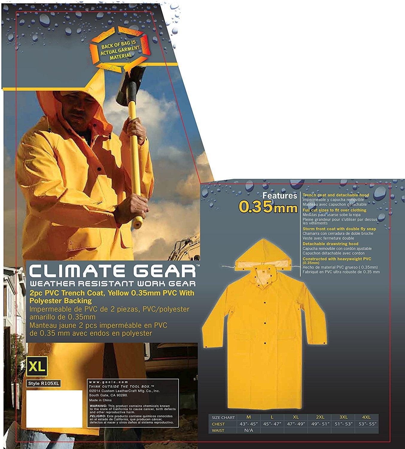 CLC Custom Leathercraft Rain Wear R105X .35 MM PVC Trench Coat, XLarge X-Large 