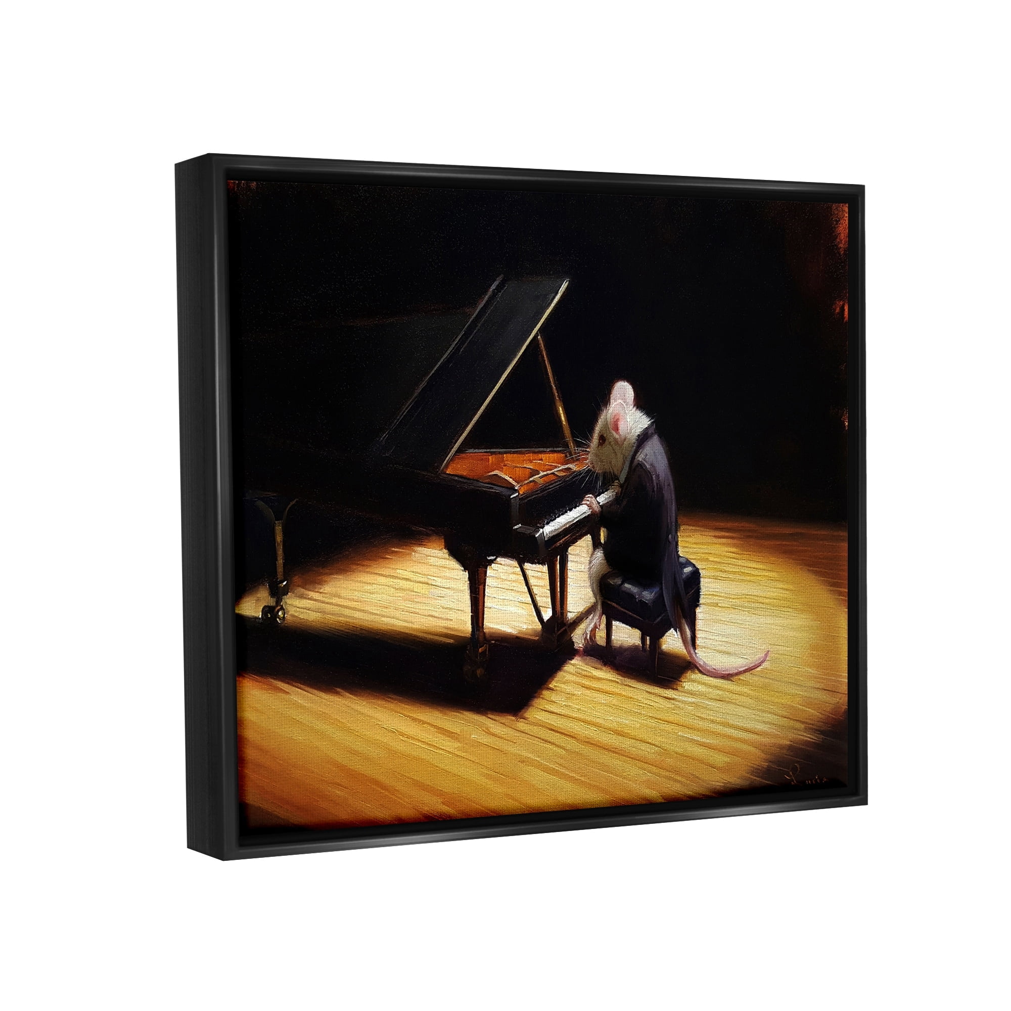Stupell Industries Mouse Musician Playing Grand Piano Stage Spotlight Painting Jet Black Floating Framed Canvas Print Wall Art, Design by Lucia Heffernan