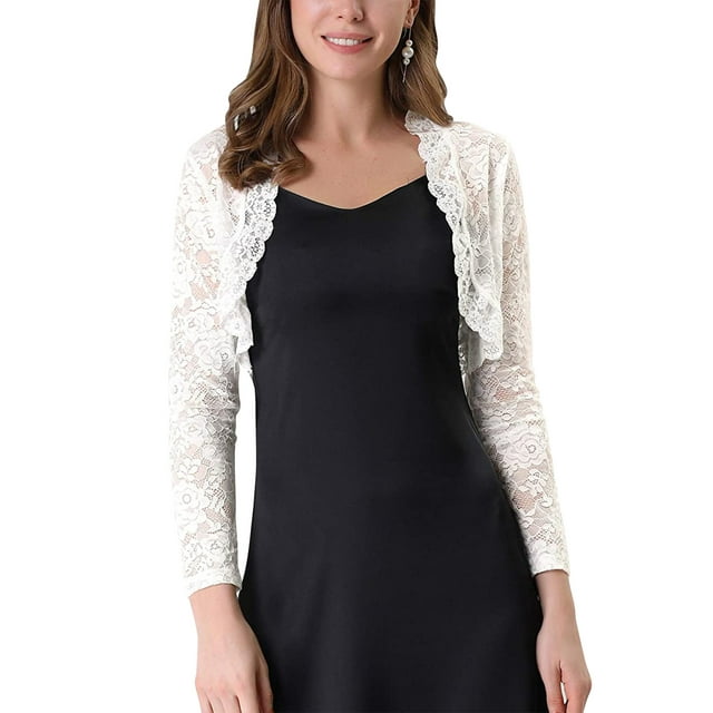Kmbangi Floral Lace Cardigan+ See-through Scalloped Long Sleeve Crop Tops