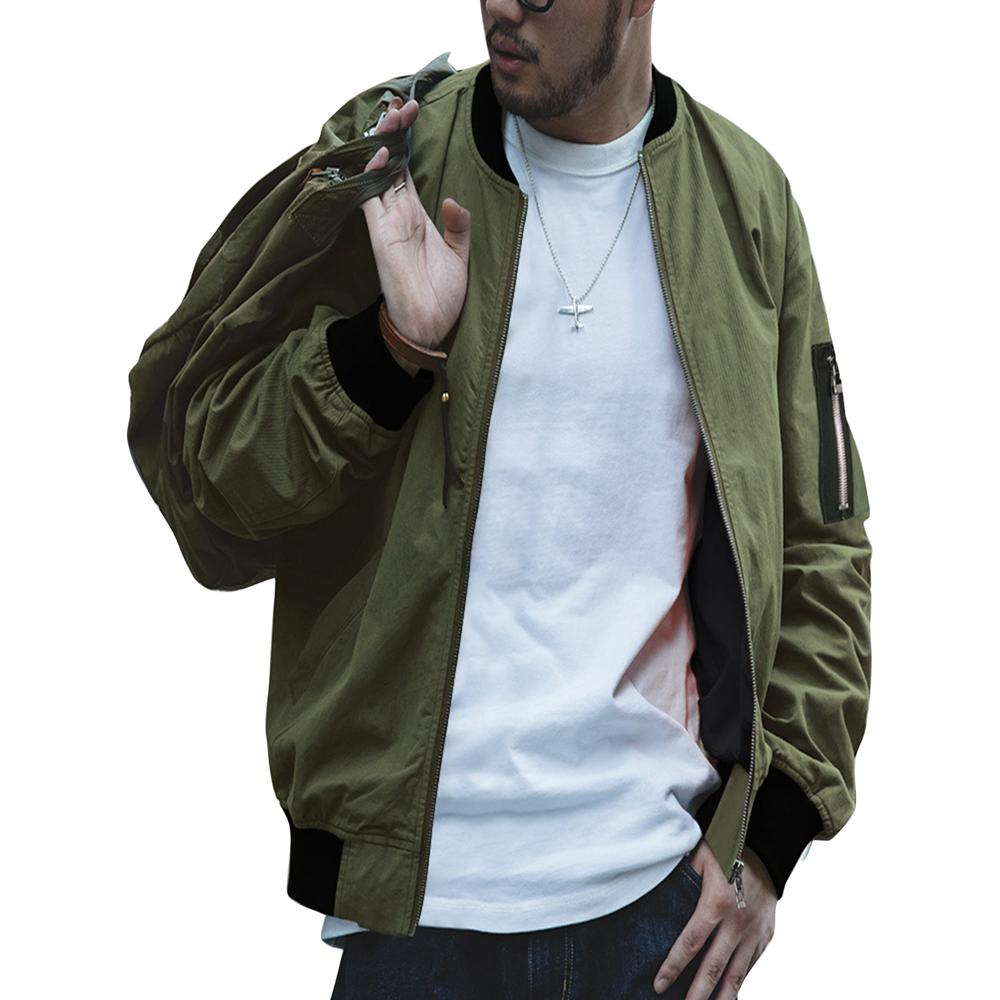 Capreze Mens Varsity Jacket Long Sleeve Bomber Jackets Stand Collar Outwear  Active Zip Up Army Green M 