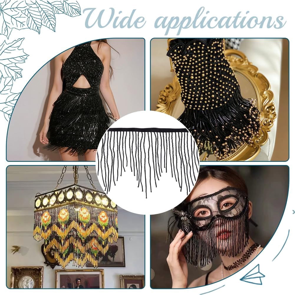 1set 1.8 Yards Glass Beads Fringe Tassel Lace Trim Ribbon Cotton Ribbon Clothing Accessories Black 5-1/2 inch(140mm)
