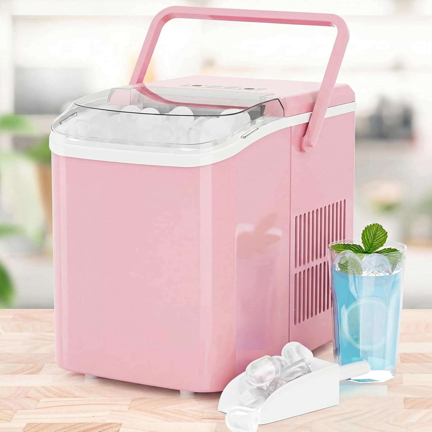 Portable Ice Maker Countertop Machine, Makes 9 Bullet Ice Cubes in 6 Minutes, 26lbs Daily, Auto-Cleaning, with Handle and Basket, for Home Kitchen RV Camping, White