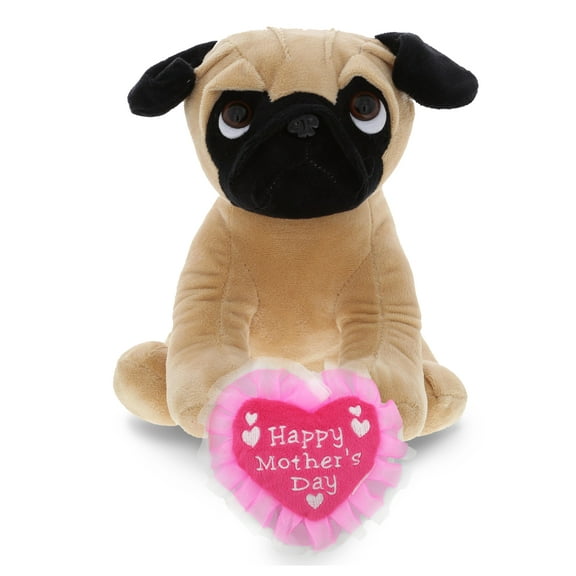 DolliBu Happy Mother's Day Super Soft Sitting Pug Dog Plush Figure - Cute Stuffed Animal with Pink Heart Message for Best Mommy, Grandma, Wife, Daughter - Cute Pet Dog Plush Toy Gift - 8" Inches