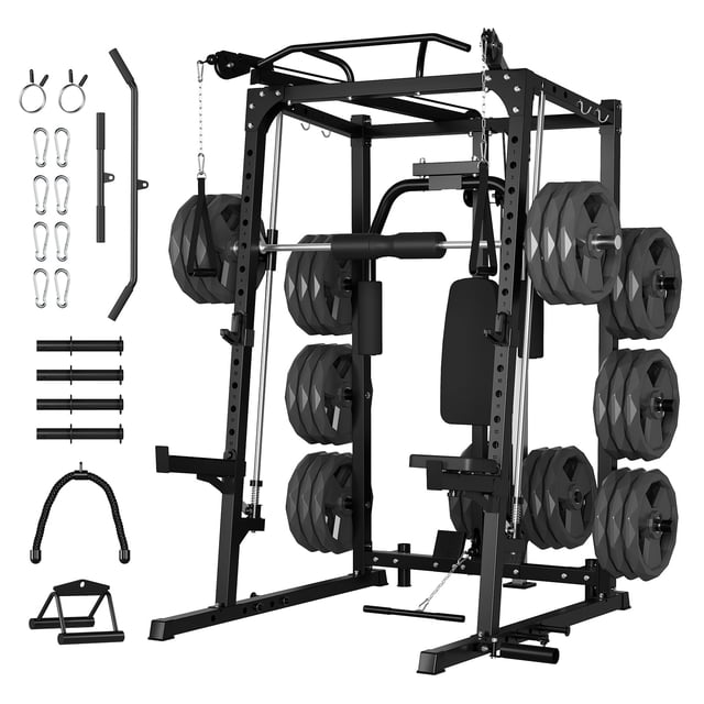 Smith Machine Squat Rack 2000LBS - Multi-Functional Power Cage with Cable Crossover System & Lat Pulldown for Home Gym, 8-Weight Storage (No Plates Included)