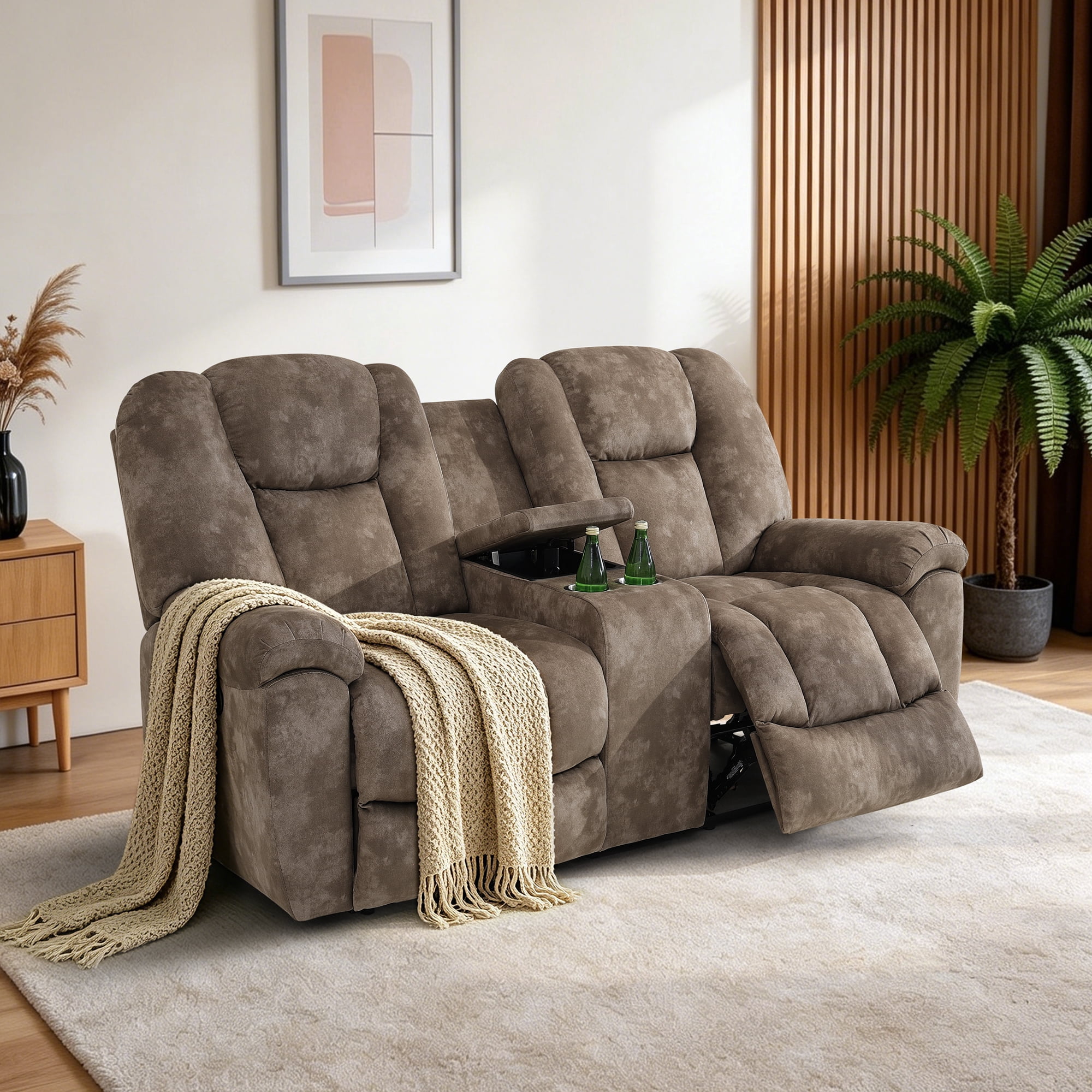 Gewnee Manual Recliner Loveseat, Adjustable Positions, Hidden Storage, Home Theater Seating with Cup Holders, Velvet‑Brown