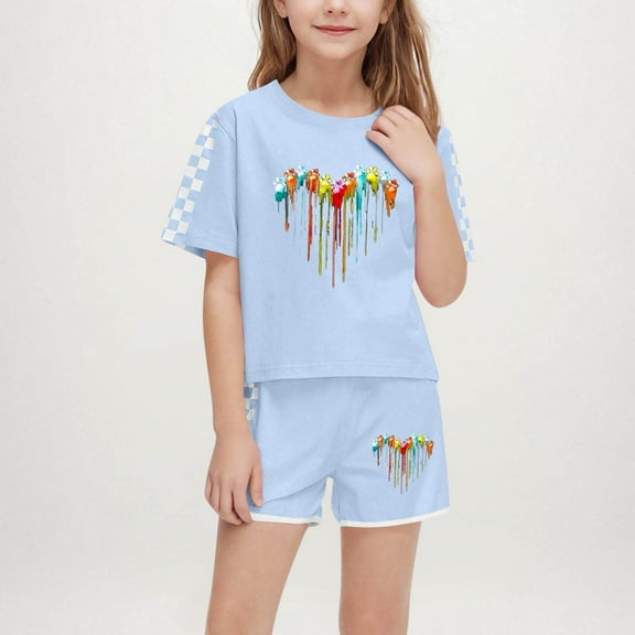 ATOGUTA Size 5-14 Years Girls Shorts Sets Kids Short Sleeve T-Shirts and Elastic Waist Shorts Clothing Sets Sky Blue