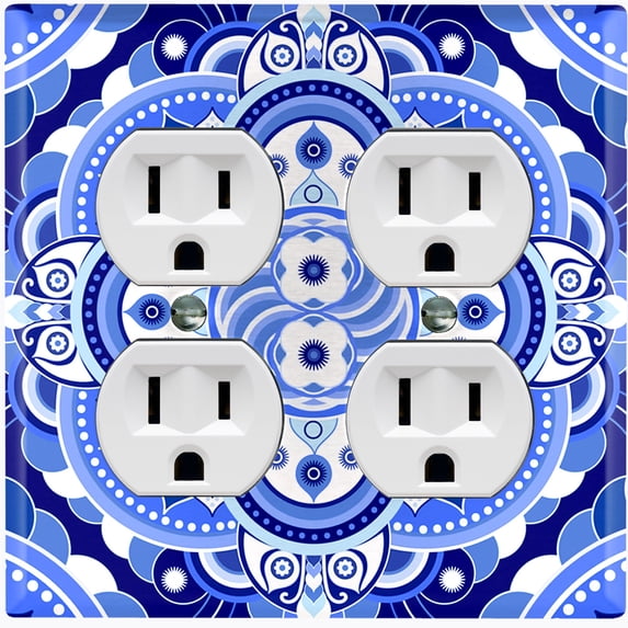 Metal Light Switch Plate Cover Mandala Blue White Floral Tile Pattern Damask MDL084