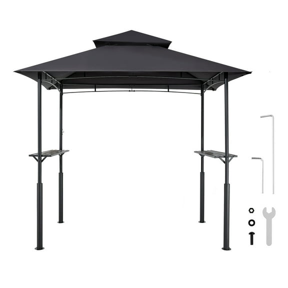 KFFKFF Outdoor Grill Gazebo, 8 x 5 ft Sturdy BBQ Shelter with Dual-Layered Roof, Powder-Coated Steel Frame, Side Shelves & 8 Hooks, Ideal for Patio, Backyard, and Garden Cooking Spaces