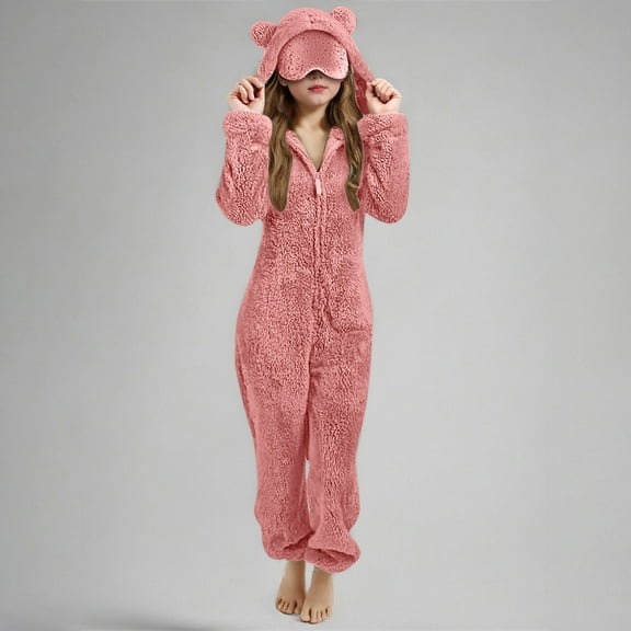 NAISIBABY Girls Fleece Jumpsuit with Eye-Mask 12T, Soft Plush Zip-Up Hooded Fuzzy Sleepwear Winter Warm One Piece Pajamas Watermelon Red