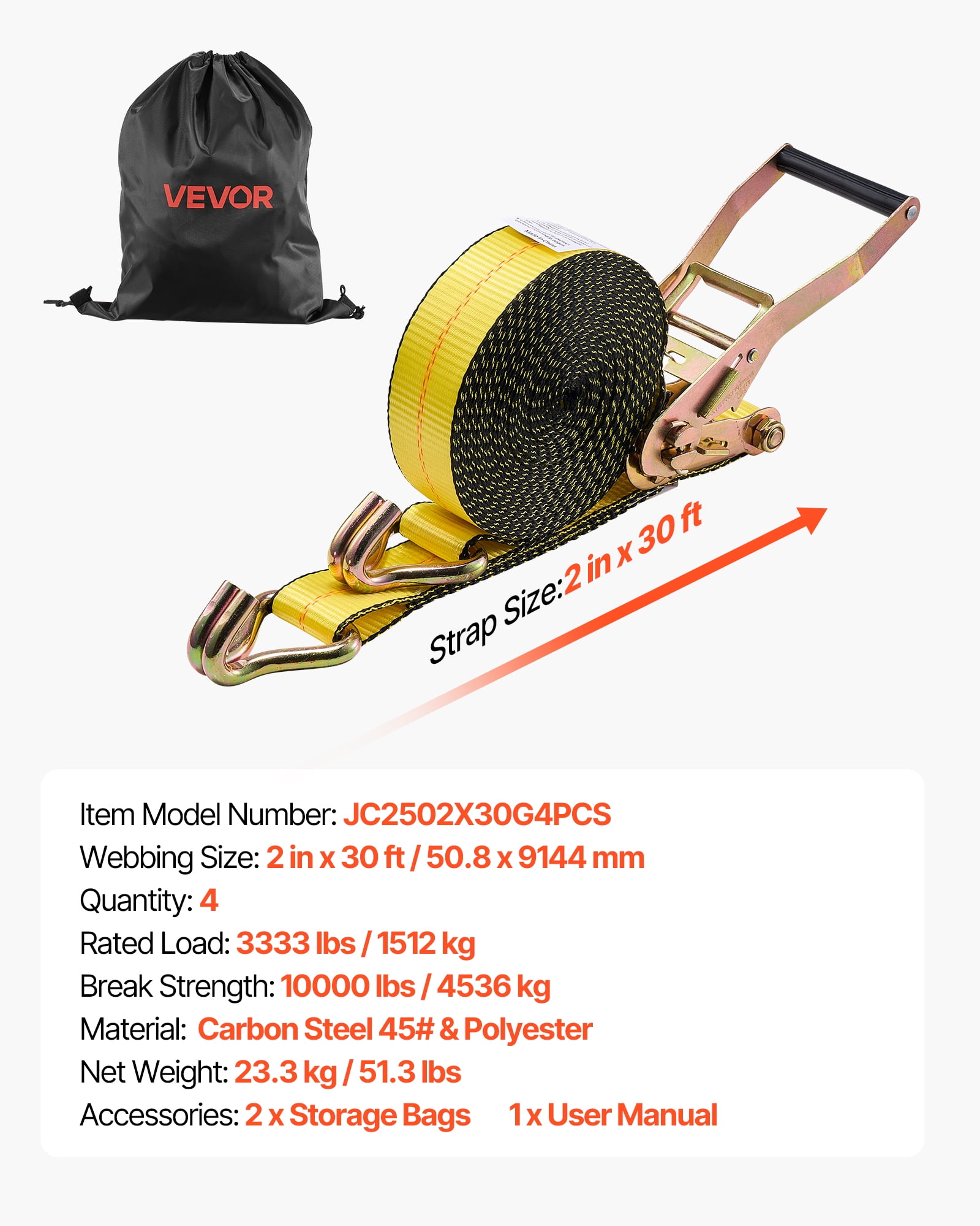 VEVOR Ratchet Straps, 2in x 30ft, Heavy Duty Tie Down Straps with Double J Hook, 10,000 lbs Break Strength, Carry Bag, Tie Down Ratcheting for Moving, Trailers, Motorcycles, Kayaks, Car Roof, 4 Pack