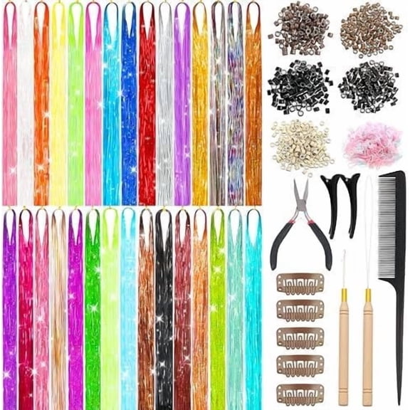 Professional 30 Colors Hair Tinsel Kit, Fairy Hair Tinsel Extensions | 48 Inch Tinsel with Instruction, Ultra-sparkle 9900 Strands Tinsel Hair Extensions. Hair Ideal for Carnival, Festivals
