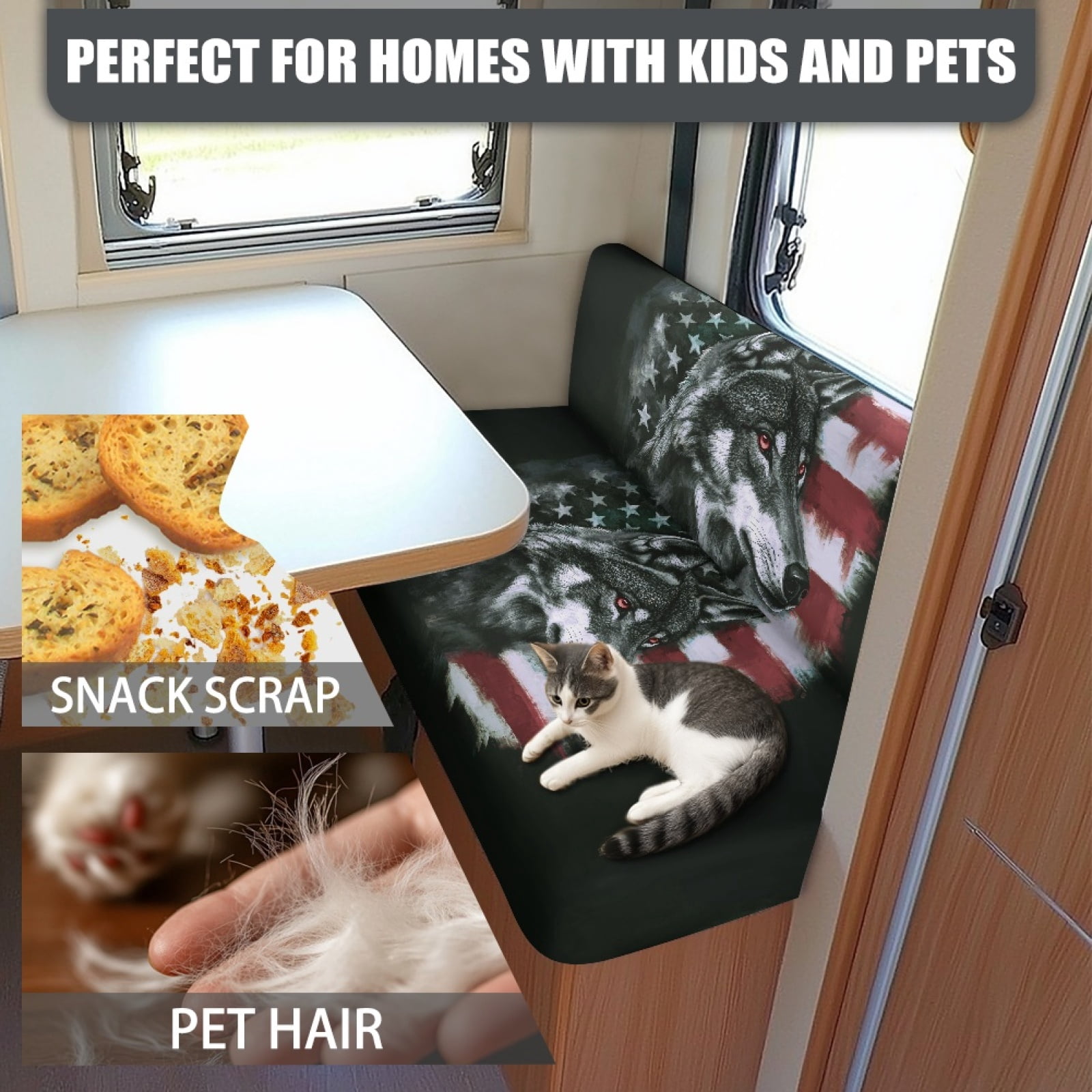 Kuiaobaty Vintage Wolf American Flag Pattern RV Dinette Cushions Covers Couch Cushion Slipcovers with Elastic Band RV Sofa Seat Slipcovers Universal Fit Travel Trailer Couch