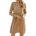 thumbnail image 3 of Women High Waist Long Sleeve Crew Neck Solid Color Pleated Mini Dress, 3 of 7