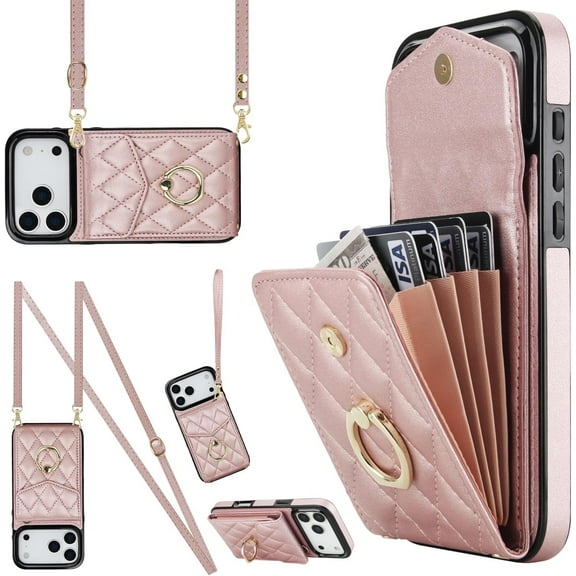 MYKOMI Crossbody Case for iPhone 17 Pro with Card Holder, PU Leather with Wallet Removable Lanyard Wrist Strap Kickstand Cover for Women Girls Case for iPhone 17 Pro