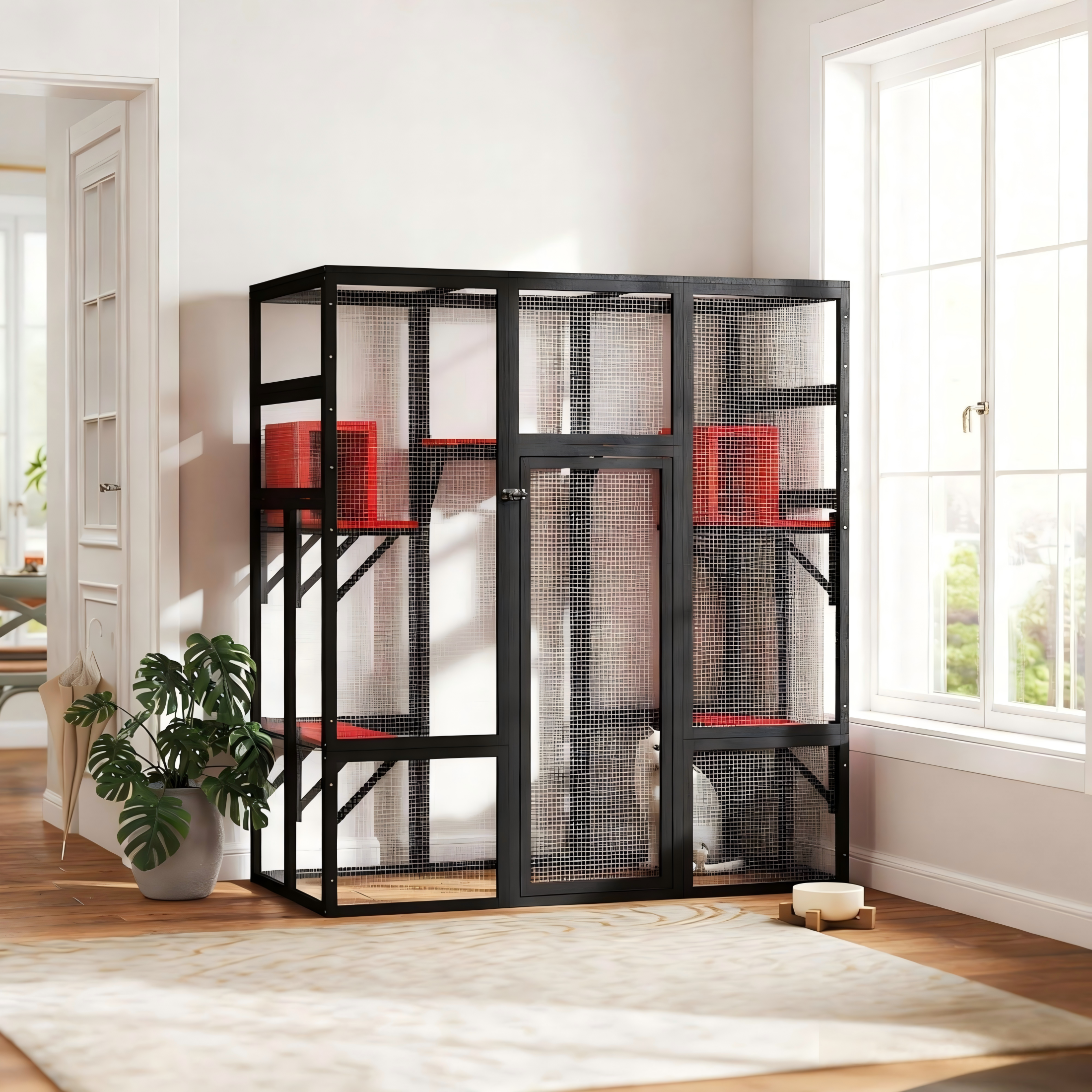 Large Catio Outdoor Cat Enclosure Window, 4 Tier Indoor House for Cats with Waterroof Roof, 2 Resting Rooms, 5 Platforms,Outdoor Catio Patio with Balcony,Gothic