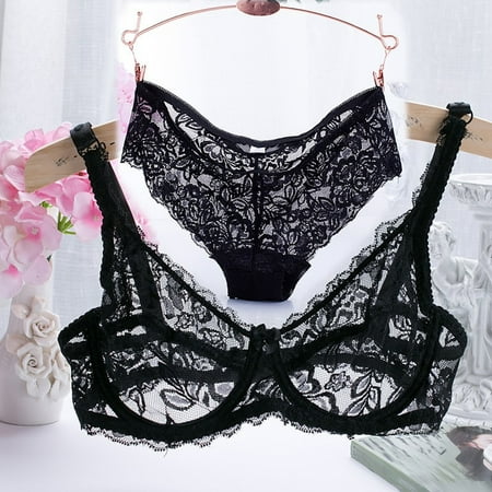

YIWEI Women s Ladies Lace Embroidery Underwear 3/4 Cup Thin Transparent Bra Panty Set Black 36/80B