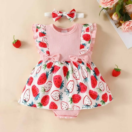 

Miluxas Baby Clothes Clearance 0-18M Toddler Baby Girls Little Flying Sleeves Lace Sleeveless Bowtie Strawberry Romper Dress+Hairband Pink 12-18 Months