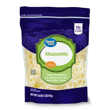 Great Value Low-Moisture Part-Skim Mozzarella Finely Shredded Cheese, 16 oz