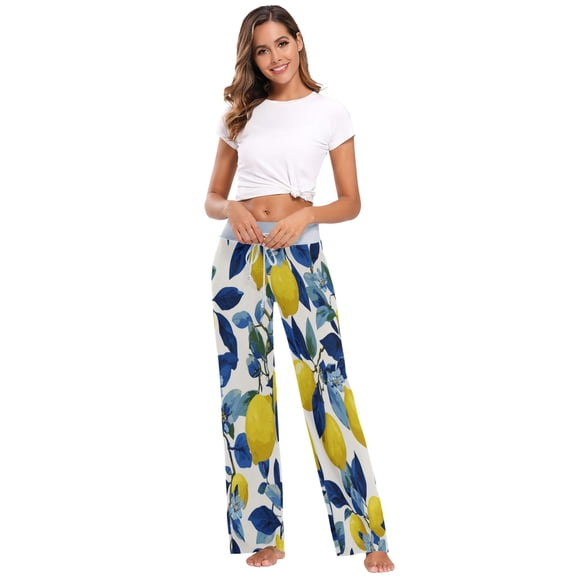 Comfy Casual Women's Pajama Pants Print Wide Leg Bright Yellow Navy Blue Lemons Pattern