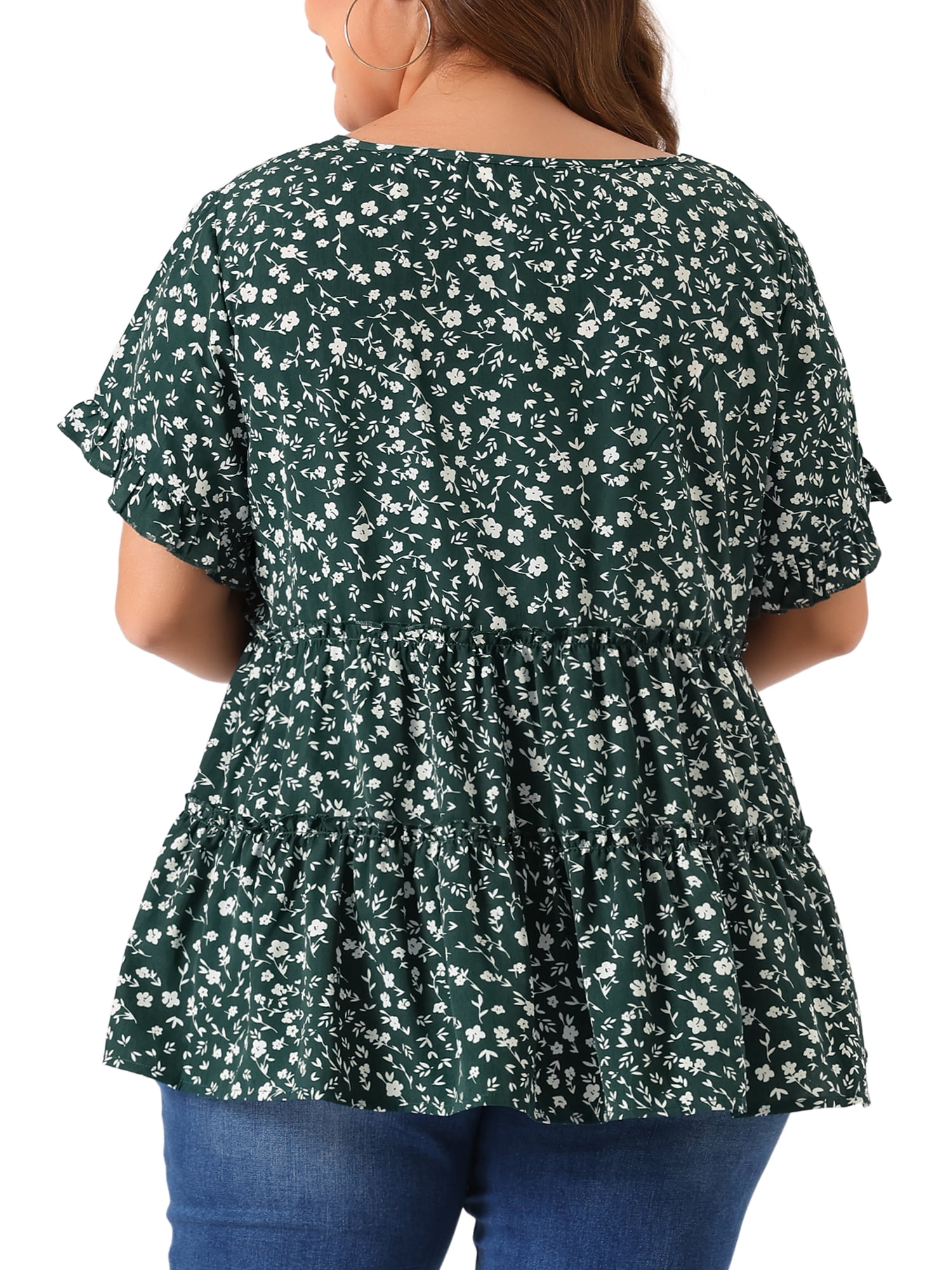 DARING DIVA Women's Plus Size V Neck Short Sleeve Floral Babydoll Blouse 6X Green