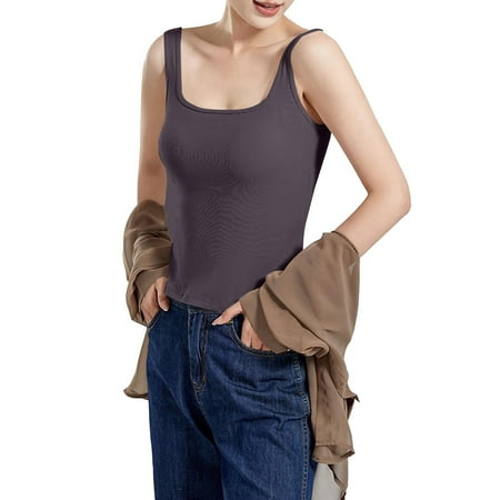 Duoif Womens Tank Tops Women s Solid Color Vest with Chest Cushion Top Bra Slim Fit Underwear U Neck Backless Base Shirt Threaded Inner Vest Womens Tops Casual Spring Tops for Women Dark Gray S