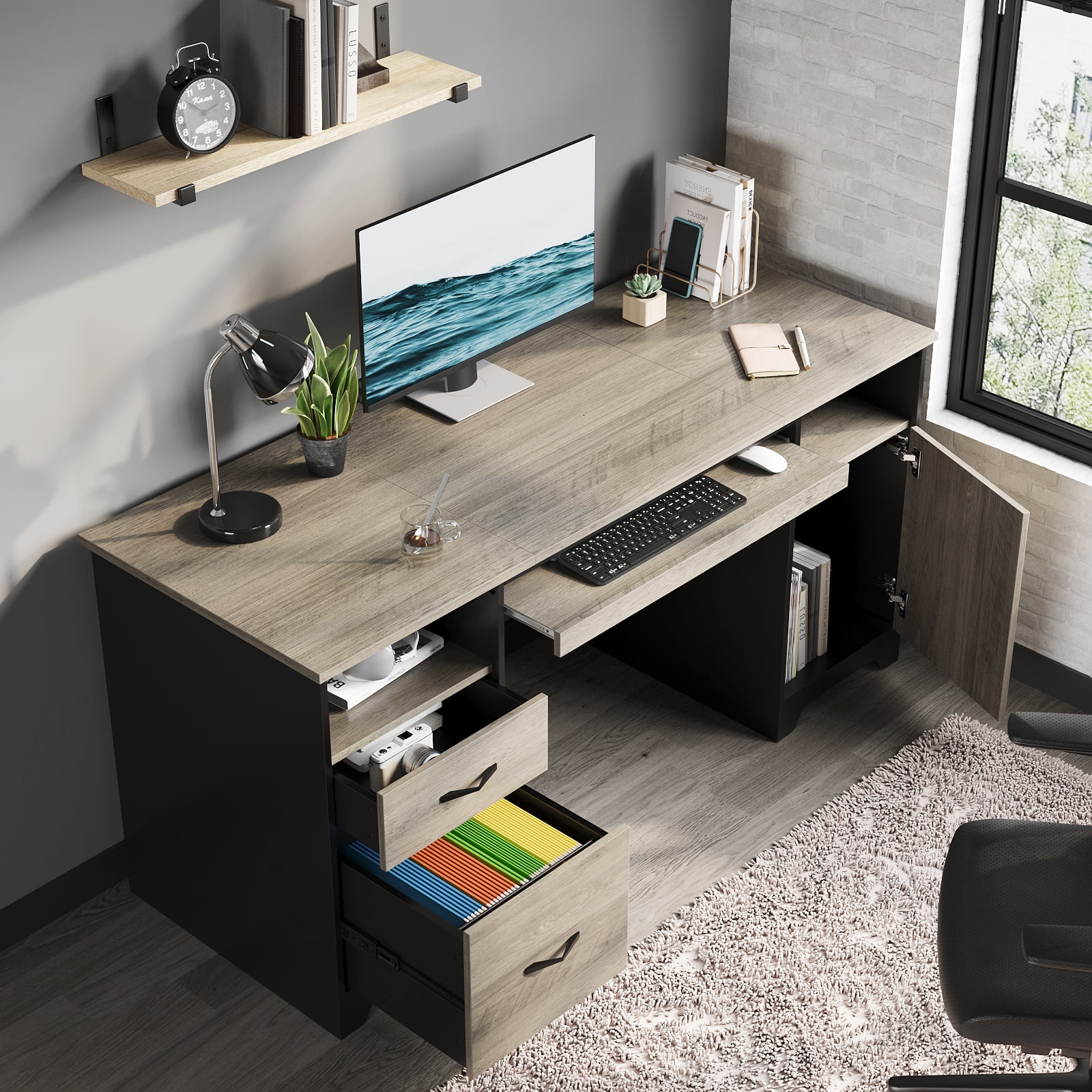 Bestier 59” Computer Desk with Drawers, Executive Desk with Storage Cabinet, Keyboard Tray for Home Office, Gray
