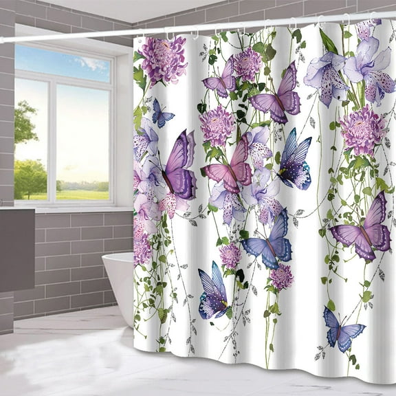 Shower Curtain 79"x79" Polyester Fabric Purple Butterfly Bathroom Decor Curtain Sets Bath Curtains with Hooks