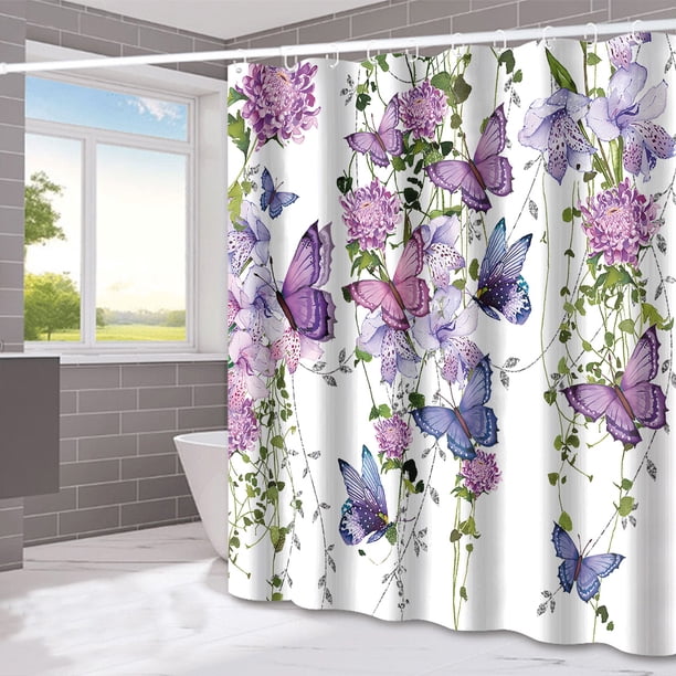 Cortina de ducha con estampado floral de mariposas moradas y rosas, 180 x 180 cm