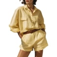 thumbnail image 2 of Costeam Womens 2 Piece Solid Matching Outfit Long Sleeve Crew Neck Top High Waist Wide Leg Pants Side Slip Pockets Soft Stretch Loose Casual Loungewear Two Piece Set, 2 of 5