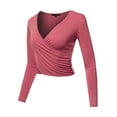 thumbnail image 2 of A2Y Women's Long Sleeve Deep V Neck Cross Wrap Crop Top T Shirts Ginger M, 2 of 6