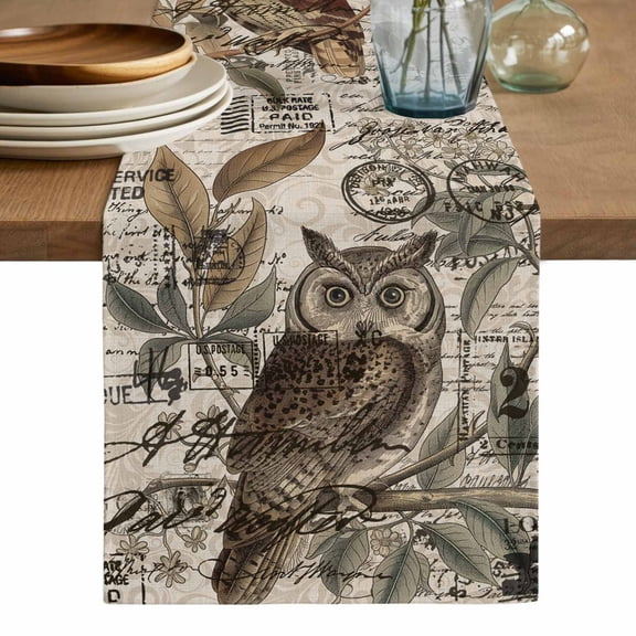 Country Owl Table Runner, Rustic Sping Floral Botanical Postmark Washable Cotton Linen Table Runners 72 Inches Long, Dresser Scarf Runner for Dining/Coffee/Kitchen/TV Stands/Cabinets 13''x72''