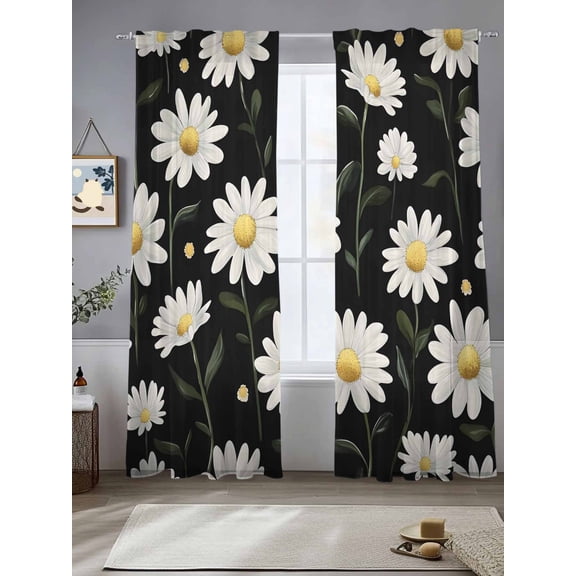 White Daisy Sheer Curtains for Living Room Bedroom Botanical Floral Plants Stems Sheer Curtains 84 Inch Long 2 Panels Set Light Filtering Curtain Window Treatments Drapes for Dining Room