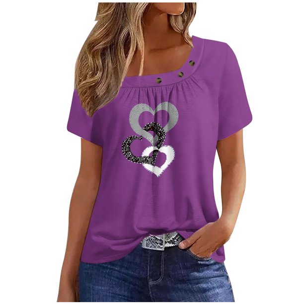 Fiudx Ofertas Flash Del Día Solo En Línea Camiseta Plisada de Manga Corta con Cuello Estampado para Mujer