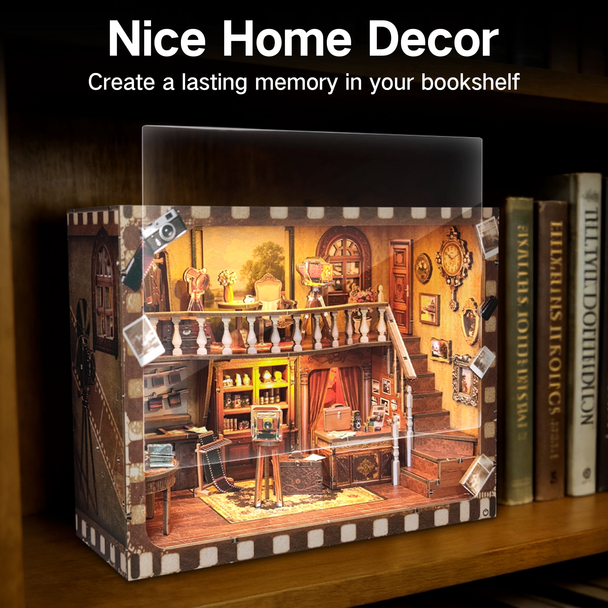 BELEEV Book Nook Kit,DIY 3D Wooden Puzzle with LED Lights and Dust Cover,Miniature House Model Kit for Adults Teens,Bookshelf Decor Gift - Vintage Photo Studio
