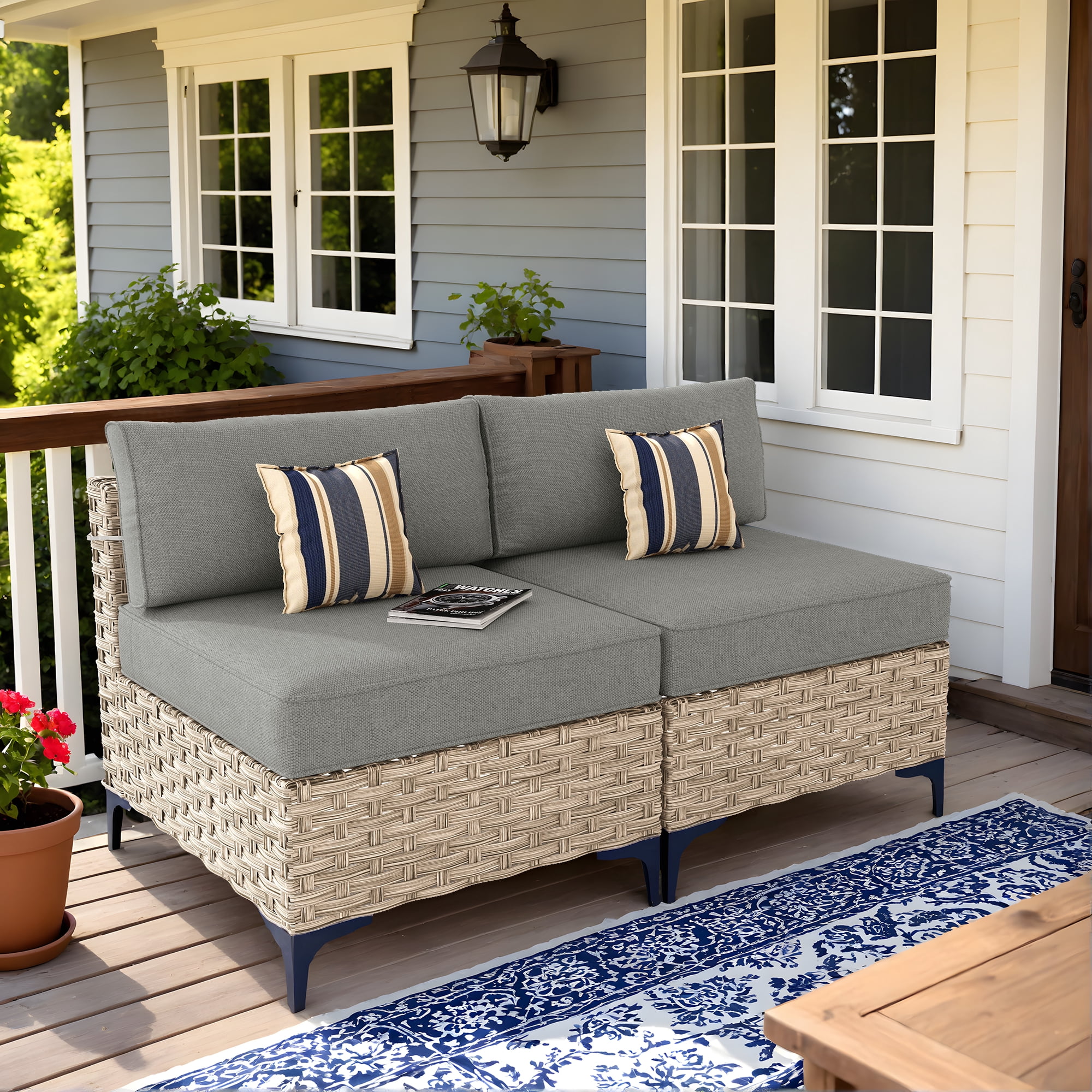 Ovios 2 Pieces Outdoor Patio Conversation Furniture Set Cushioned PE Rattan Wicker Chairs Set