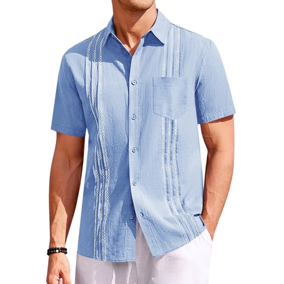 Summer Men Shirt Guayabera Short Sleeved Button Up Beach Shirt