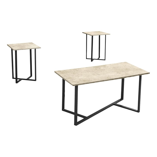 Contemporary three-piece living room table set featuring cream stone laminate tops with black metal frames, including one rectangular coffee table and two square end tables.