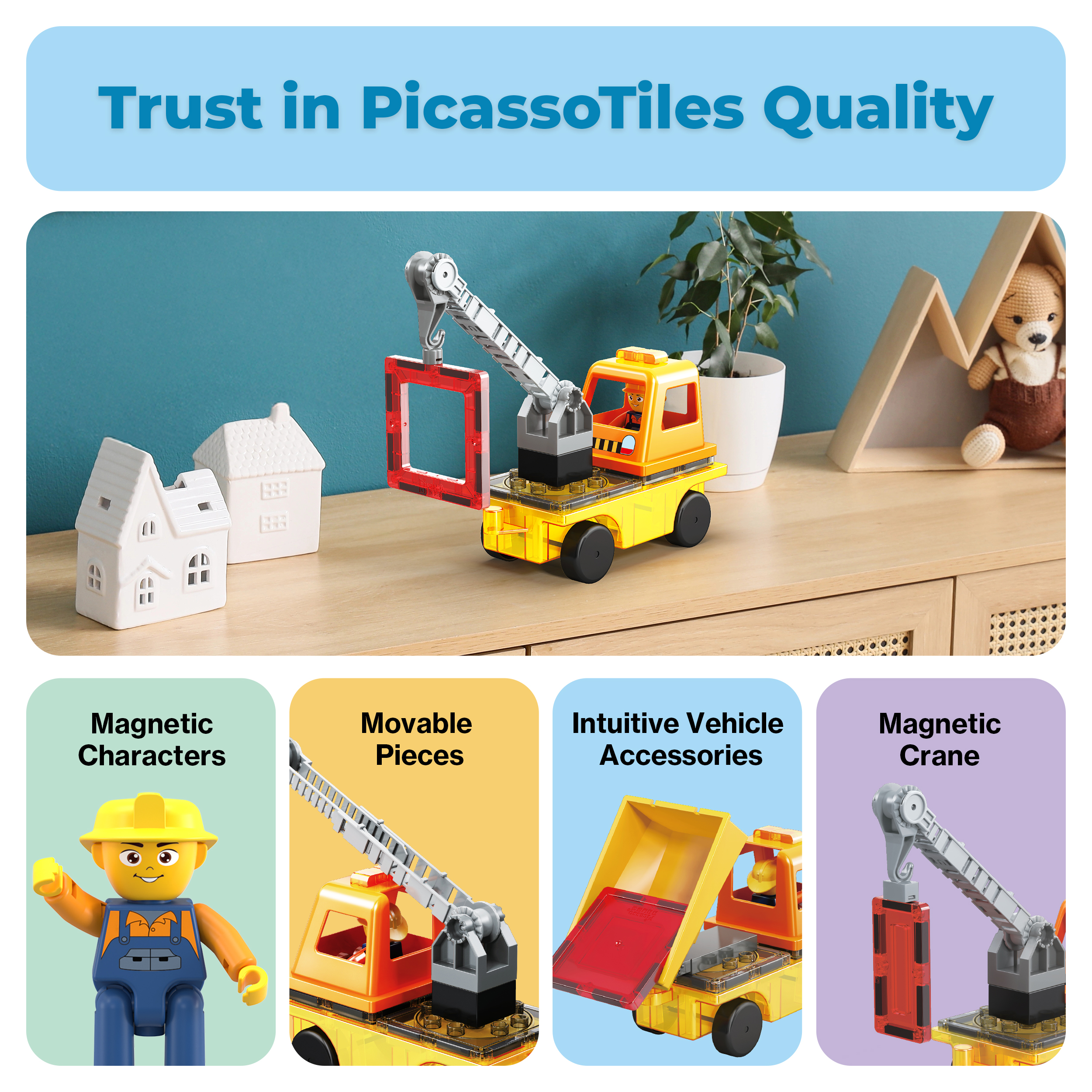 PicassoTiles 3-in-1 Construction Vehicle with Magnetic Tiles, 15 Pieces photo 8