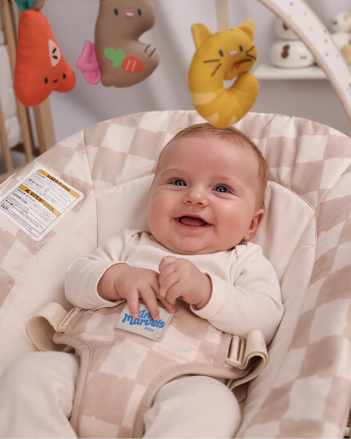 Tiny Marvels Baby Bouncer Seat with Soothing Vibrations and Music Sensory Toy, Age 0-6 Months(Sand Checks)