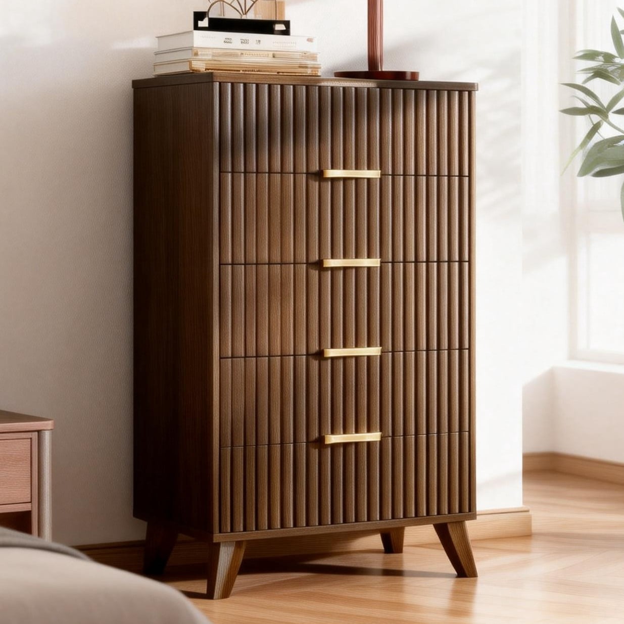 Ktaxon Fluted Tall 5 Drawer Dresser Solid Wood Chest of Drawers with Soft Close Slides Storage Cabinet for Bedroom Living Room Entryway Walnut