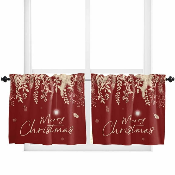 Red Christmas Kitchen Curtain 2 Panels Tiers Curtains 24 Inch Length, Botanical Snowflake Xmas Vintage Curtains Rod Pocket Curtains Window Drapes Treatment Window Cafe Curtains