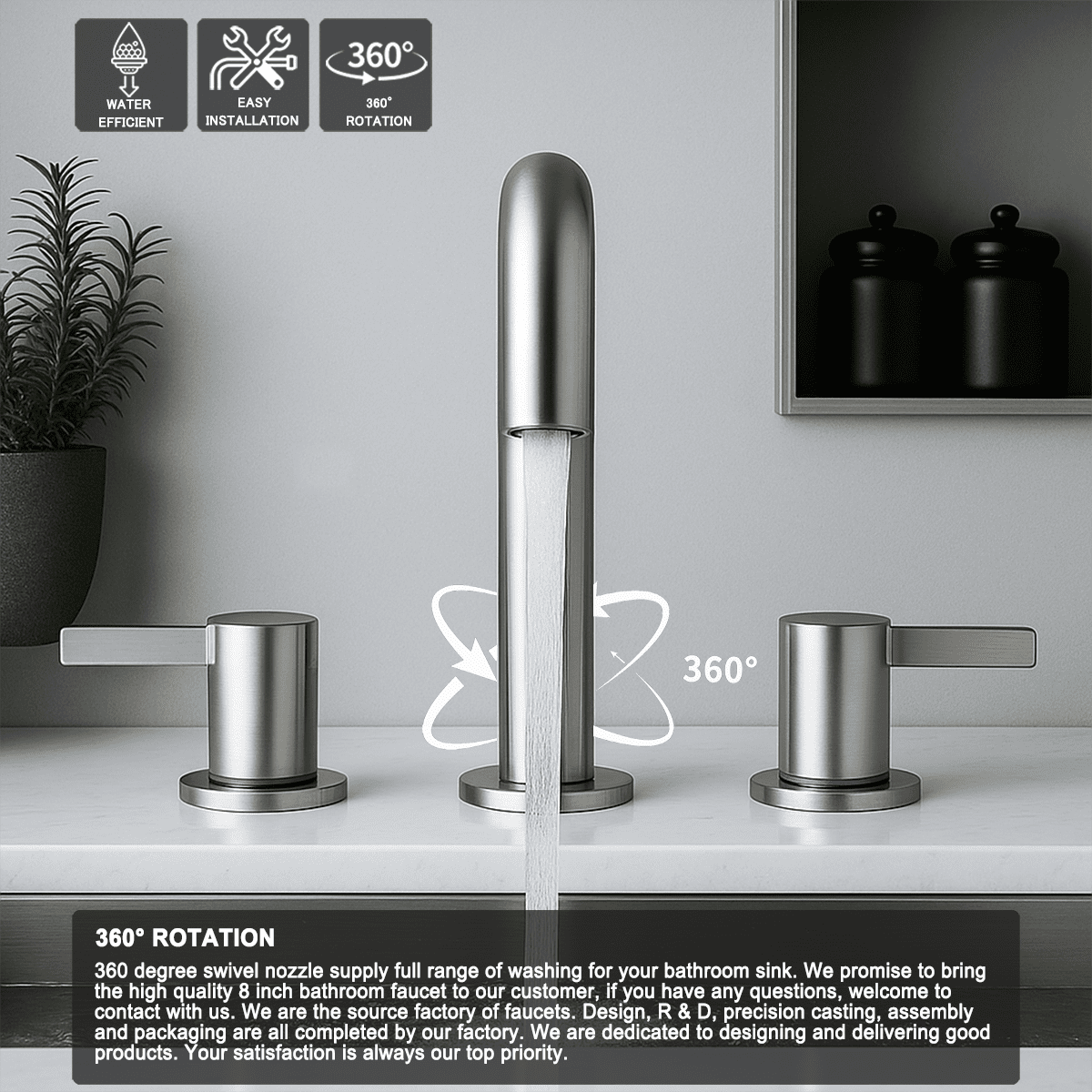 3 Hole Brushed Nickel Bathroom Faucet, Dual 304 Stainless Steel Handles, Modern Lead-Free Ceramic Valve Faucet, 1.5 GPM Straight Aerator Spout for Bathroom Sink