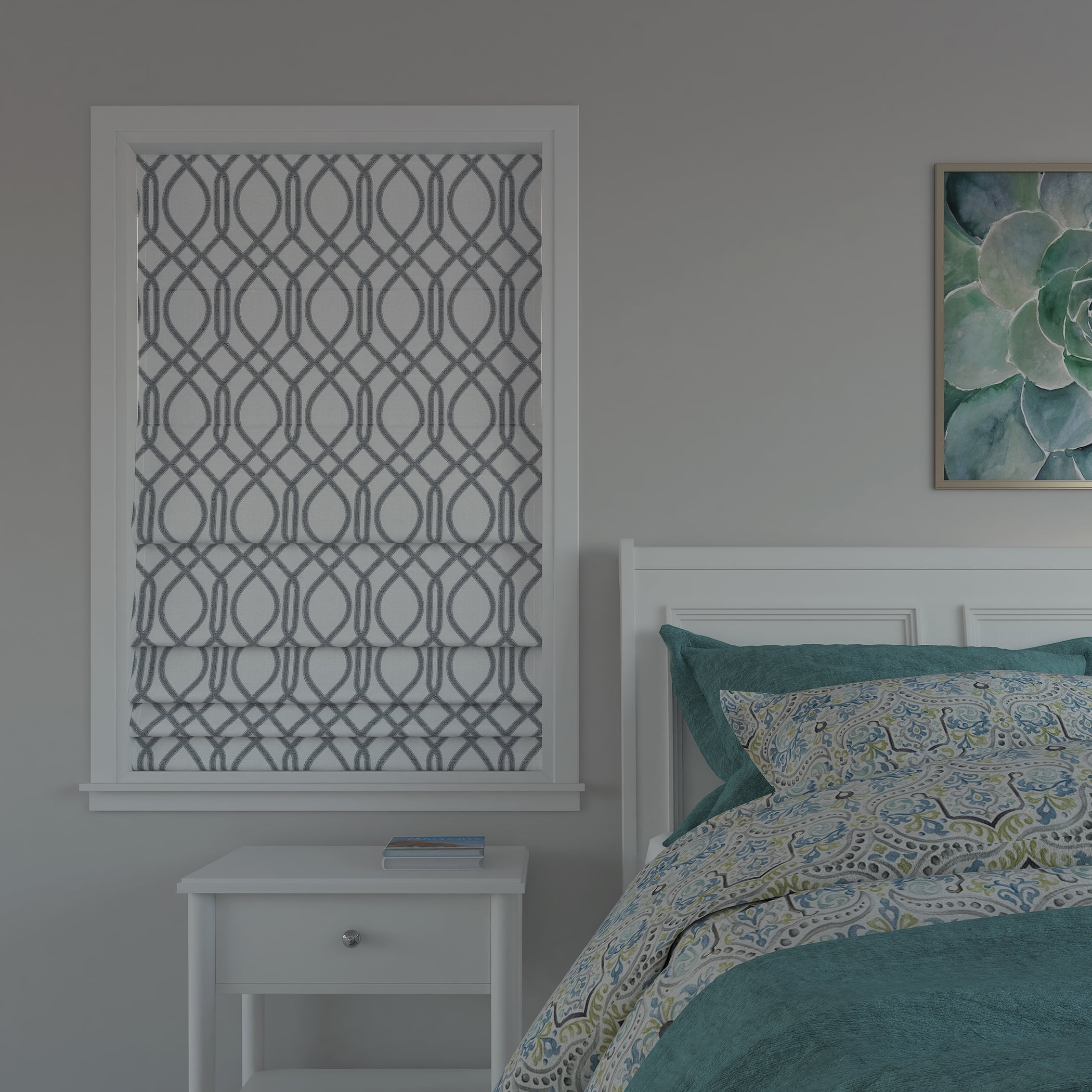 Sun Zero Detour Modern Trellis 100% Blackout Cordless Roman Shade, 27"x64", White