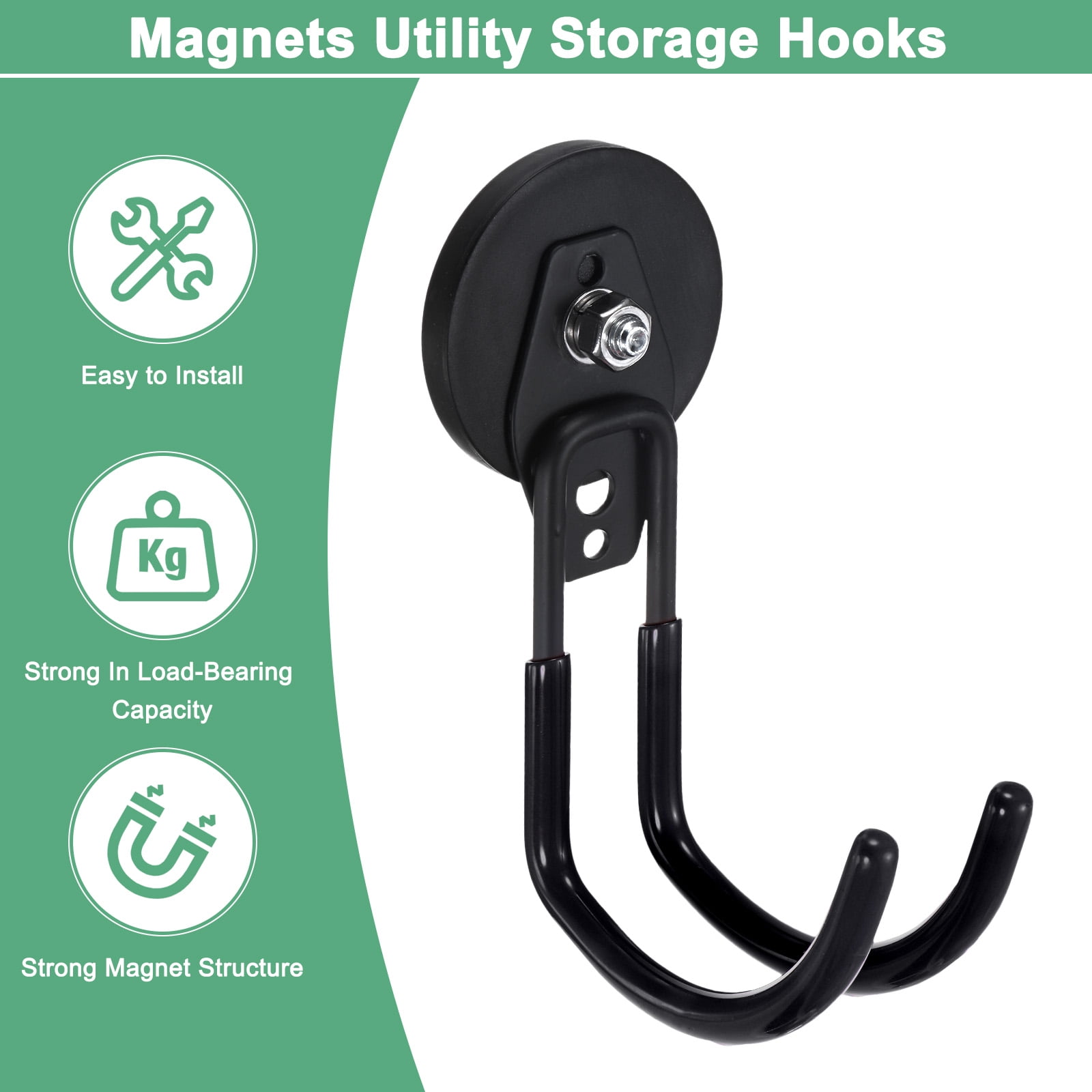 Uxcell 2-Pack Strong Garage Magnetic Hooks, Large Magnetic Cable Holder with Anti-Slip Coating [Black]