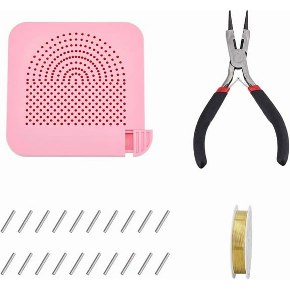 Jewelry Wire Shaping Jig Kit Pink Plastic Plate with Alloy Sticks 1P Steel Cutting Pliers and Golden Jewelry Beading Copper Wire for Jewelry Making Supplies and Crafts